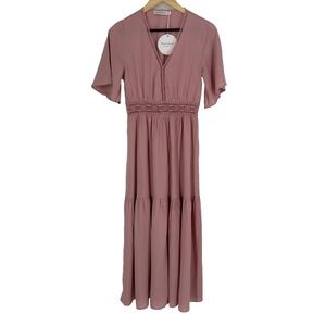 Rustydusty Dress Womens Medium Pink V Neck Short Sleeve Ruched Tiered Maxi